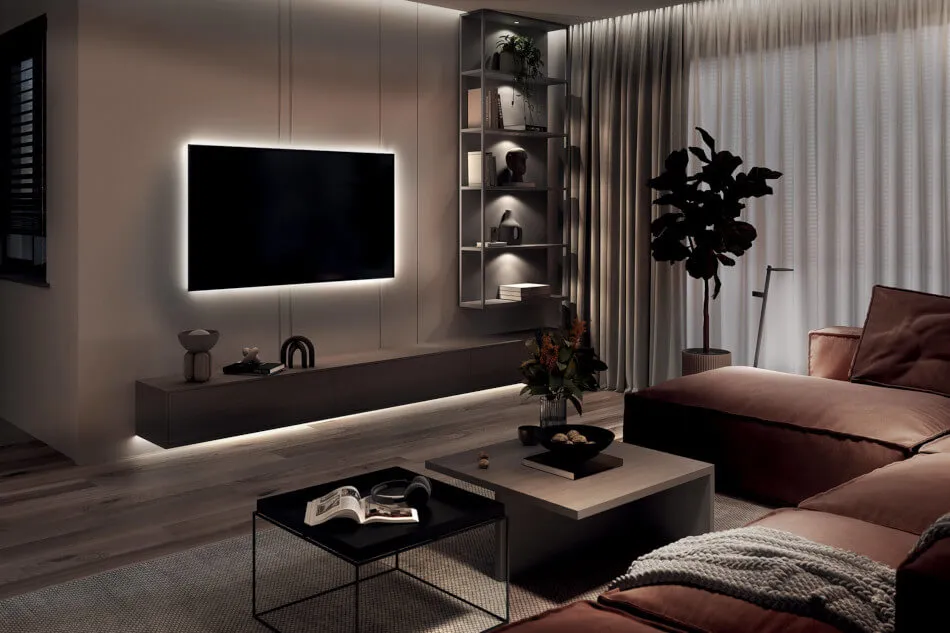 różne źródła światła w salonie z ciemnymi meblami