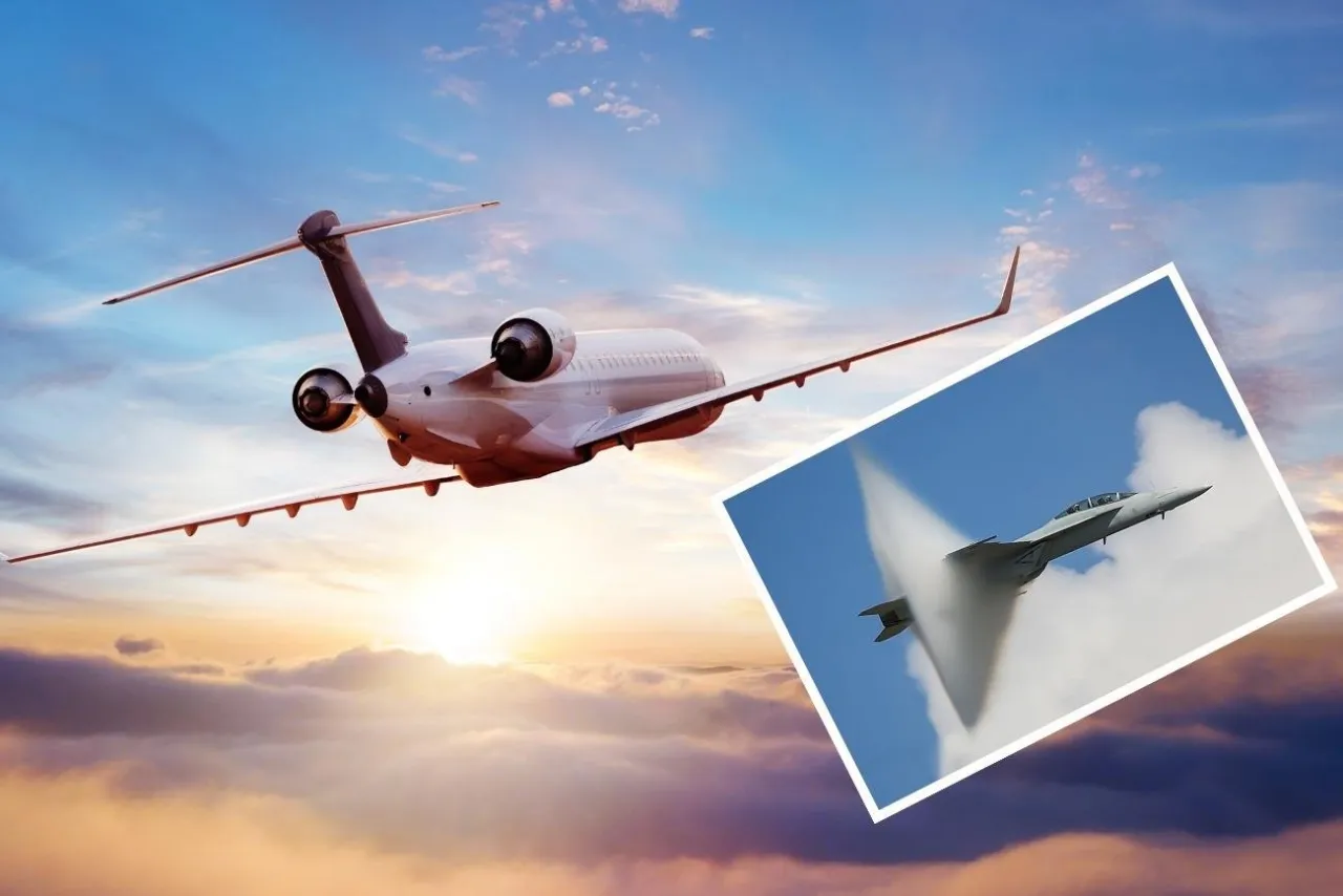 Samolot odrzutowy leci nad chmurami o zachodzie słońca. W rogu widać myśliwiec przekraczający barierę dźwięku. Ile trwa lot z Warszawy do Los Angeles?