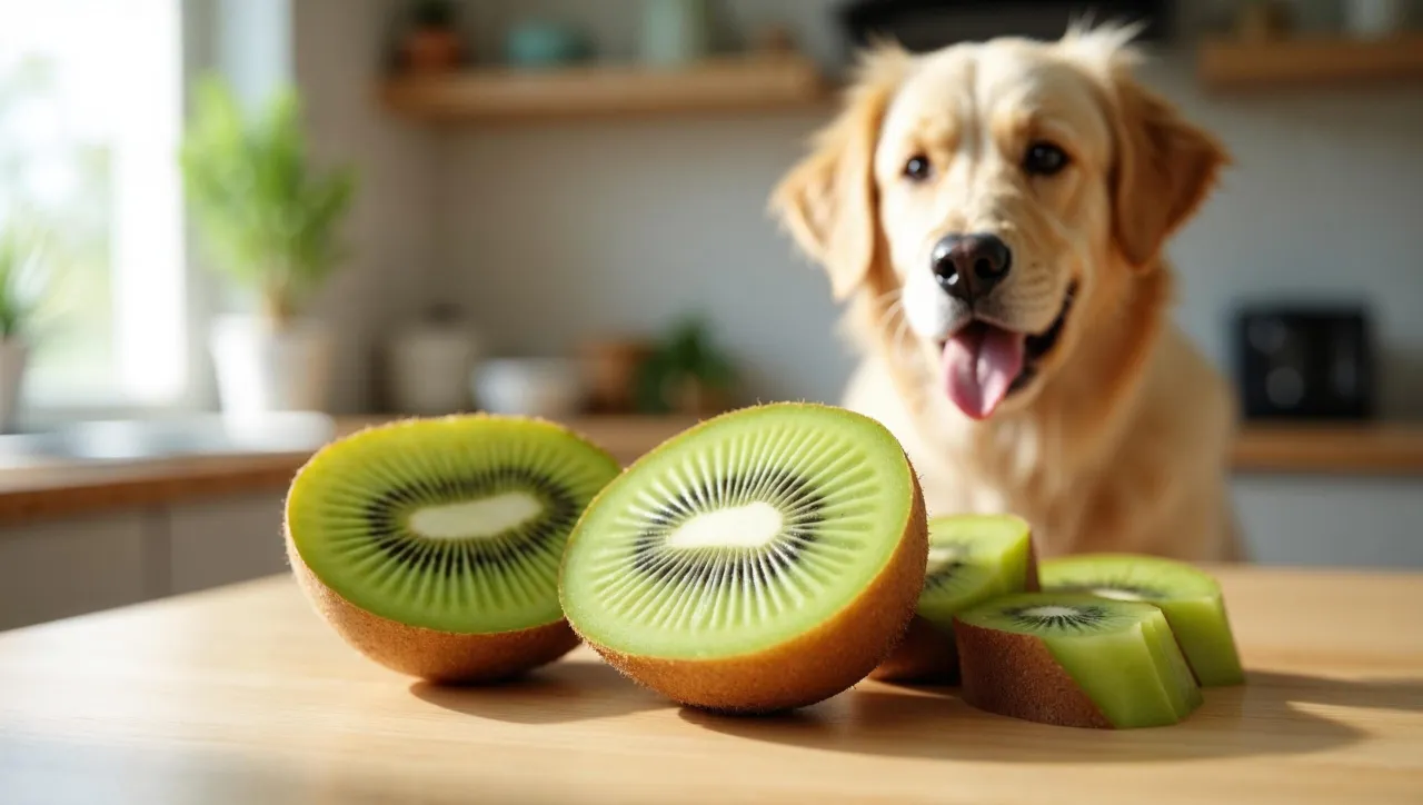 Pies jedzący kawałek kiwi