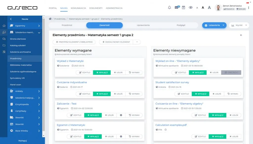 platforma edukacyjna interfejs użytkownika