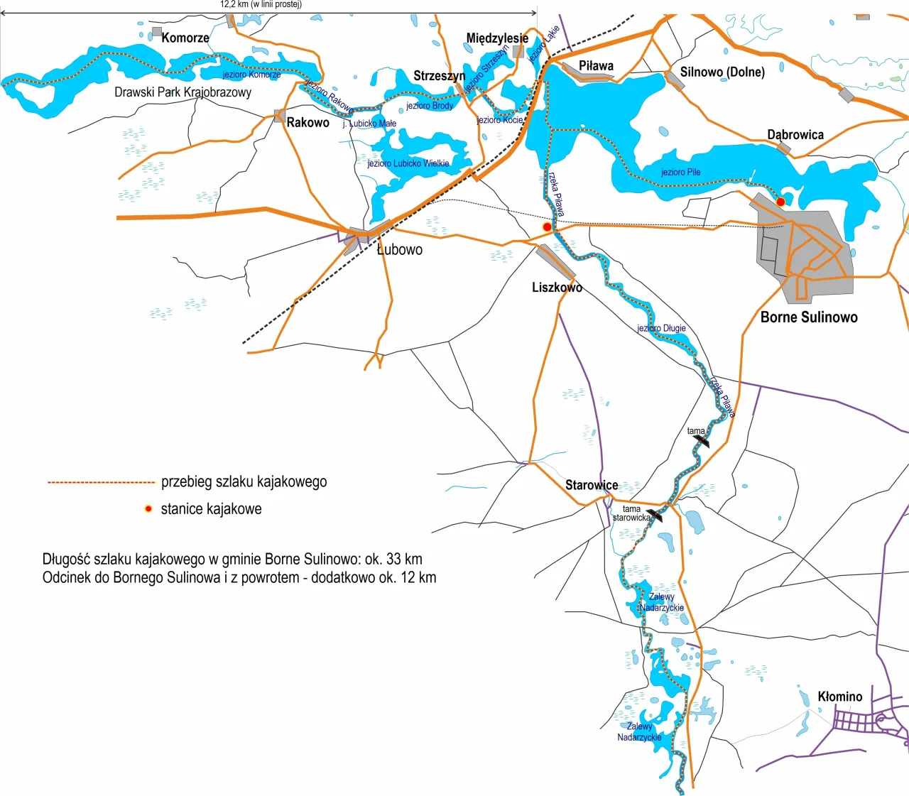 mapa szlaku kajakowego Piławy