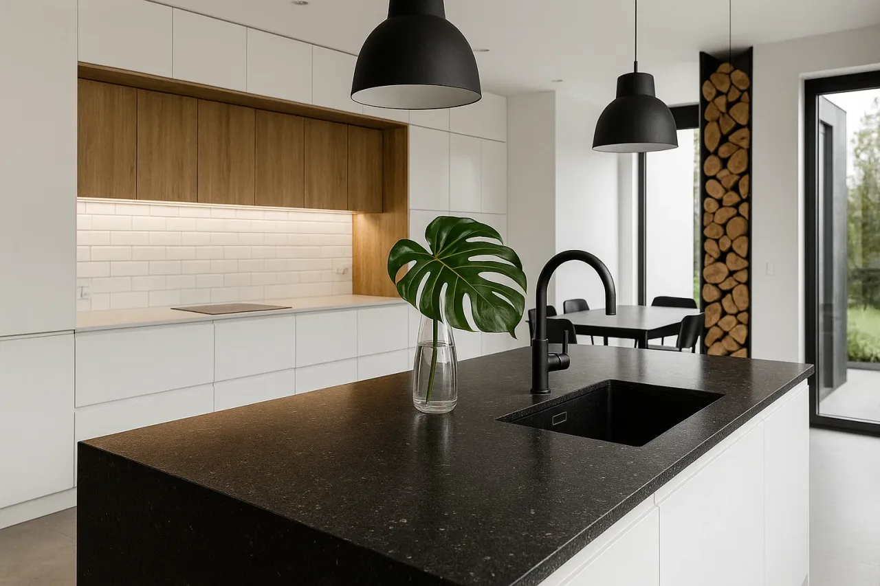 Nowoczesna kuchnia z czarnym blatem konglomeratowym. Sprawdź jego cenę i jakość wykonania.