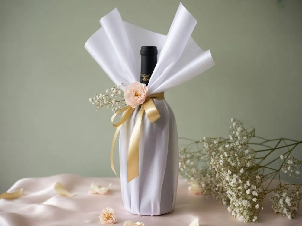 DIY pakowanie wina na ślub, butelka wina owinięta w tkaninę furoshiki