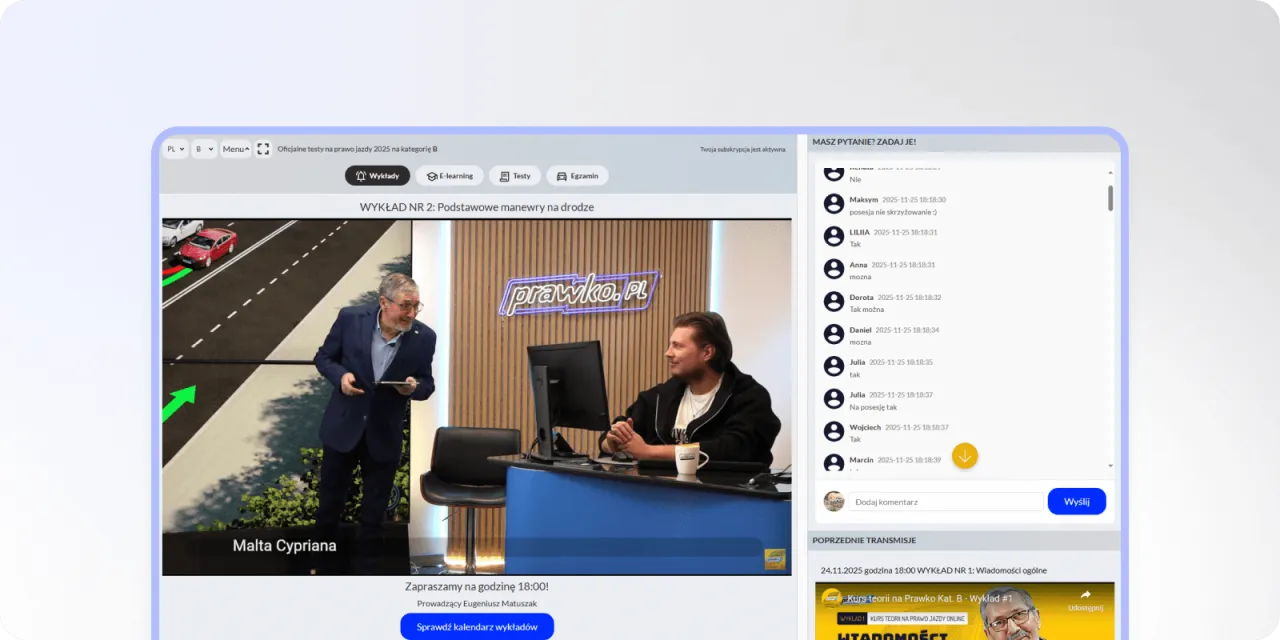 Wykład online o manewrach na drodze, który pomoże Ci dowiedzieć się, ile trwają wykłady na prawo jazdy.