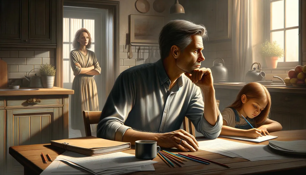 Ojciec zamyślony, gdy matka zostawia dziecko ojcu. Dziewczynka rysuje przy stole, a ona stoi w drzwiach.