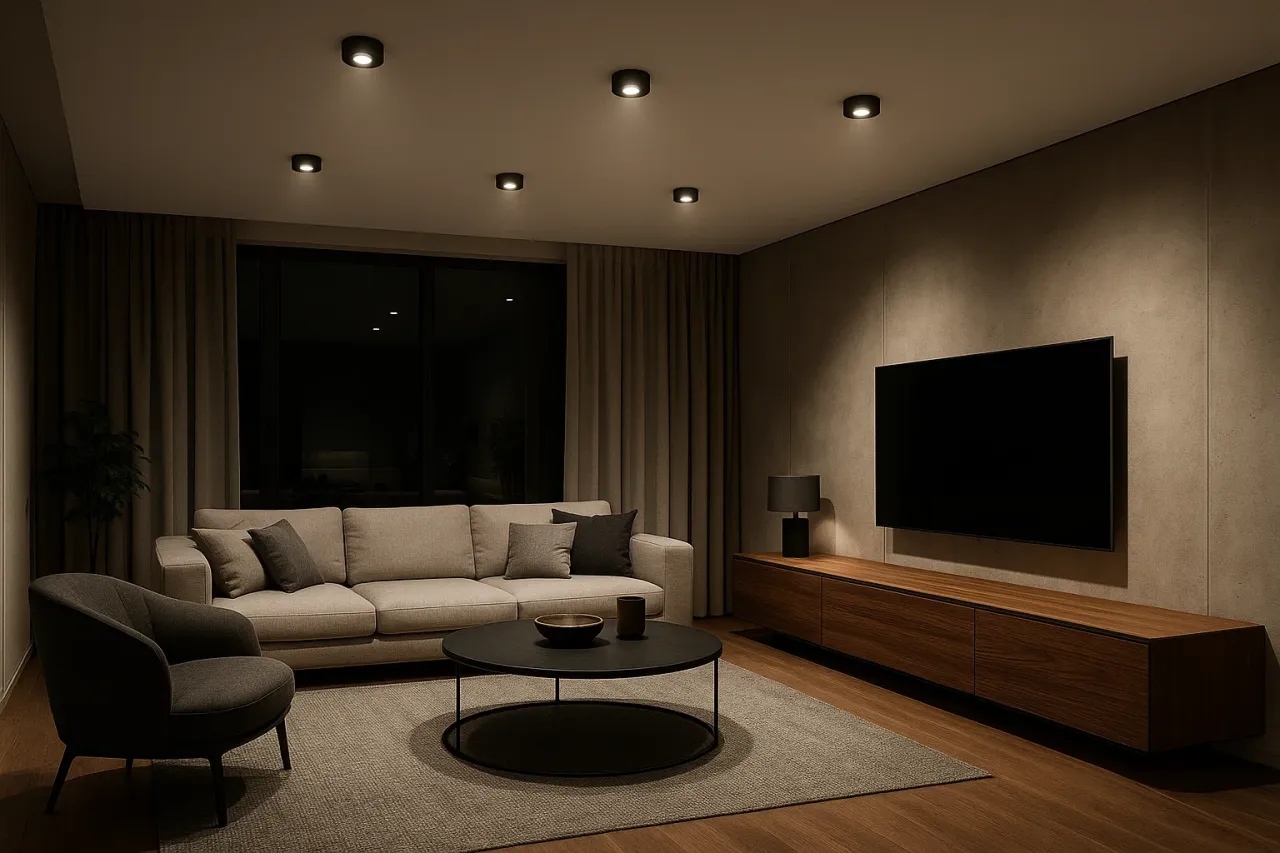 Wielopunktowe oświetlenie w dużym salonie