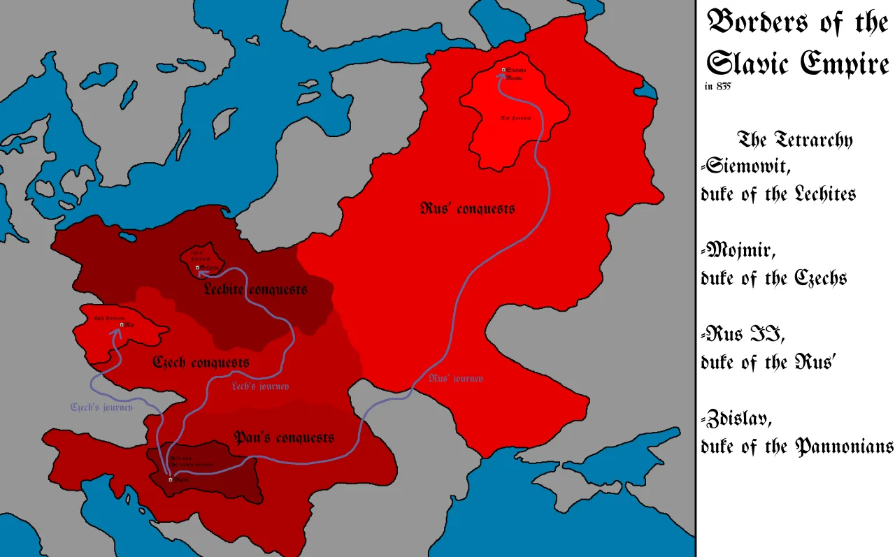 Mapa przedstawia granice Imperium Słowiańskiego w 835 r. i wędr&oacute;wki Lecha, Czech i Rusa, zgodnie z baśnią o Lechu, Czechu i Rusie.