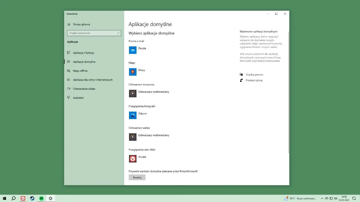 Ustawienia aplikacji domyślnych Windows 11
