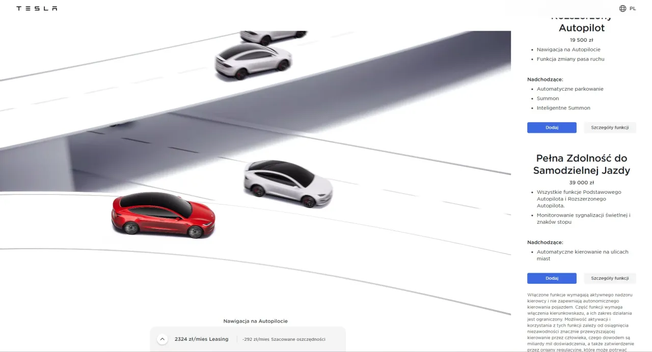 Czerwony i biały Tesla na drodze. Dowiedz się, ile kosztuje Tesla i jej funkcje, takie jak Autopilot.