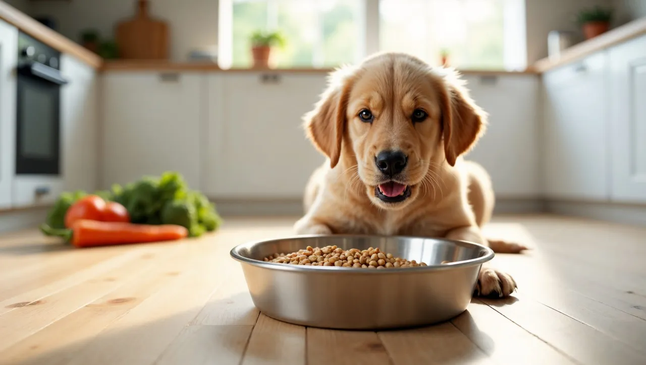 Szczeniak golden retriever przed miską karmy. Czy pies może jeść kaszę gryczaną? W tle warzywa i kuchnia.