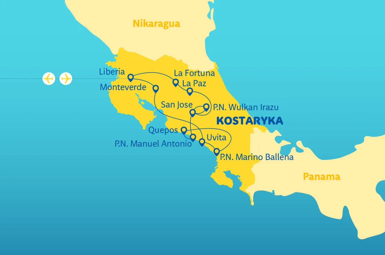 Mapa pokazuje, gdzie leży Kostaryka, między Nikaraguą a Panamą, z zaznaczonymi gł&oacute;wnymi atrakcjami turystycznymi.