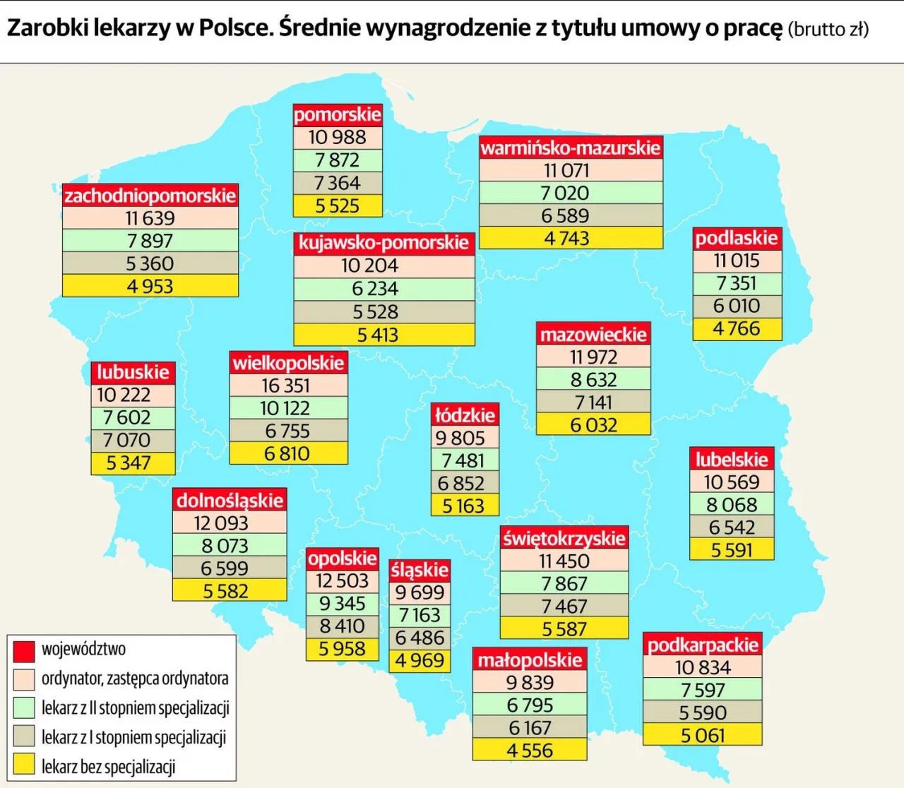 mapa Polski zarobki chirurgów aglomeracje
