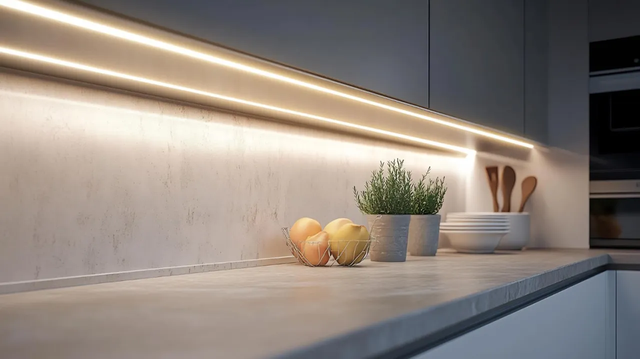 Nowoczesna kuchnia z subtelnym blaskiem. Dwie listwy oświetleniowe LED tworzą ciepłą atmosferę nad blatem, na którym leżą owoce i zioła.