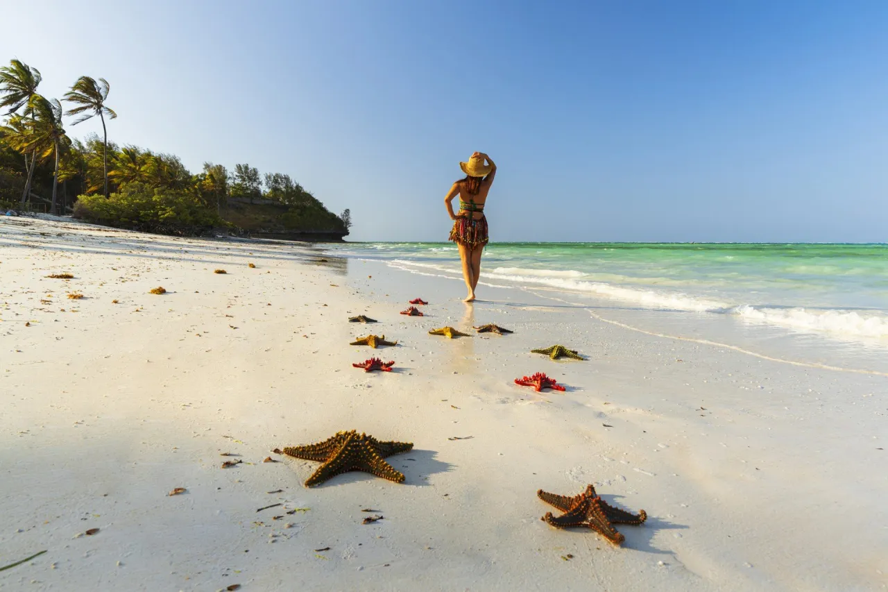 Kobieta w kapeluszu spaceruje po plaży z rozgwiazdami, czując się jak w raju all-inclusive soft.