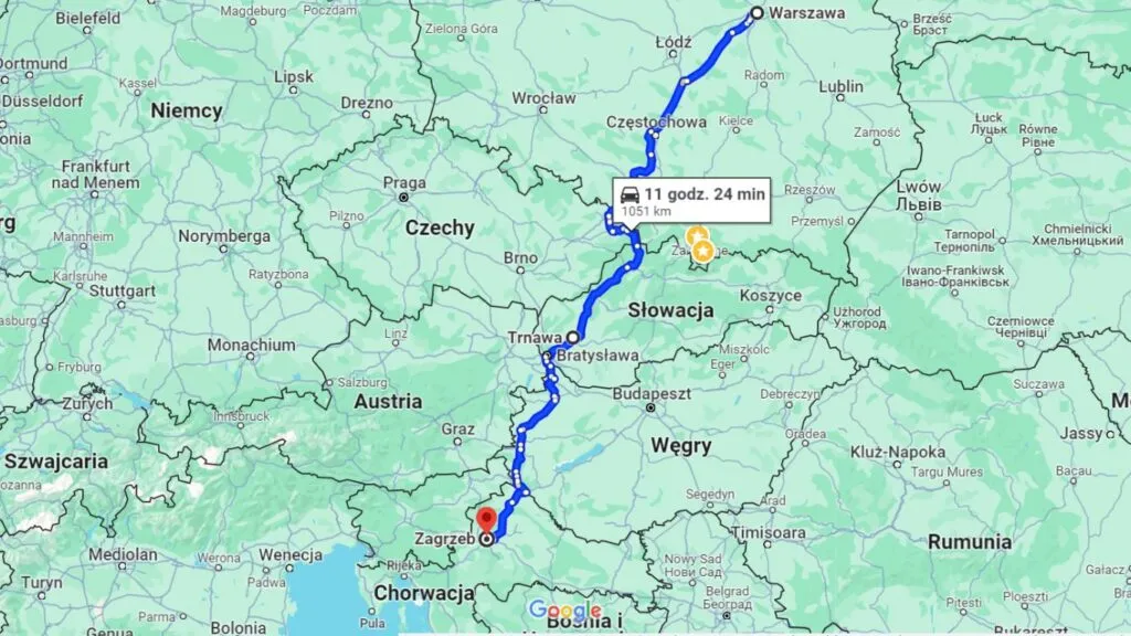 Mapa trasy Gdańsk Chorwacja przez Słowację Węgry