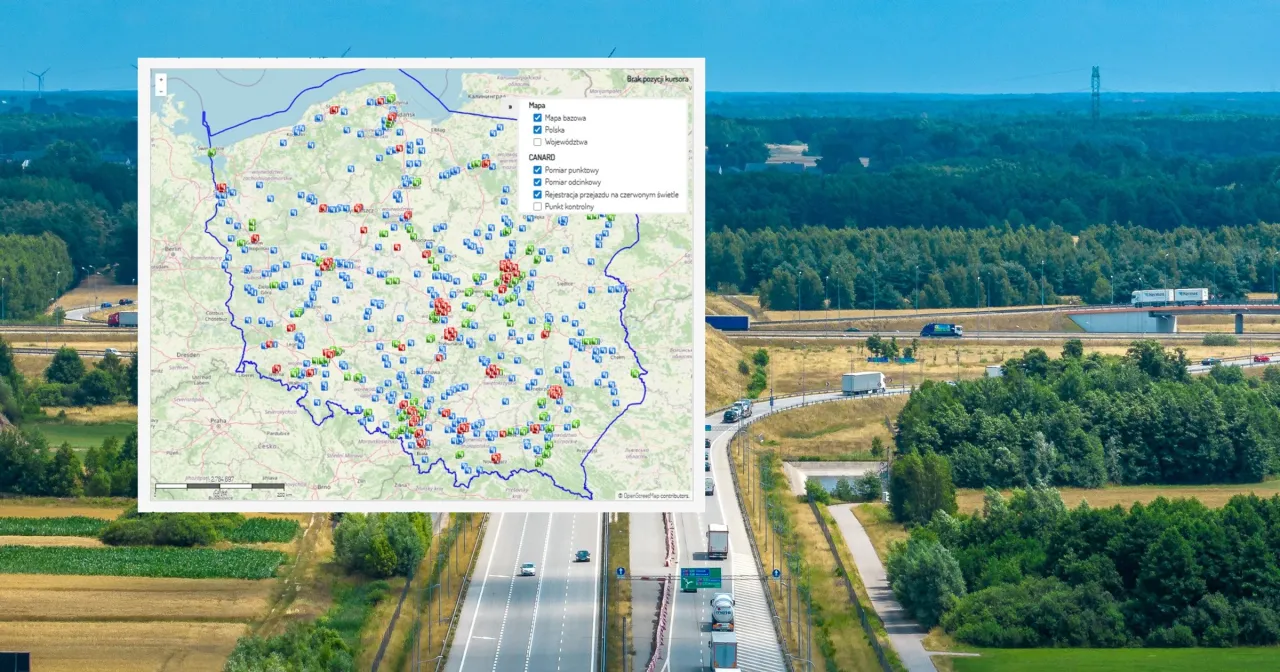 Mapa z zaznaczonymi punktami kontrolnymi, w tym fotoradar A2 Konin.