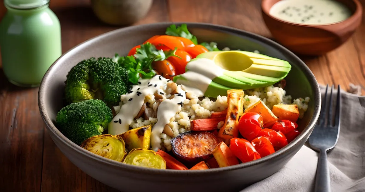 bunte vegetarische Buddha Bowl mit Quinoa und Avocado