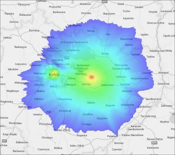 Mapa zasięgu DVB-T2 Święty Krzyż
