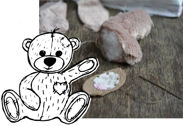 Materiały i narzędzia do szycia pluszowego misia flat lay