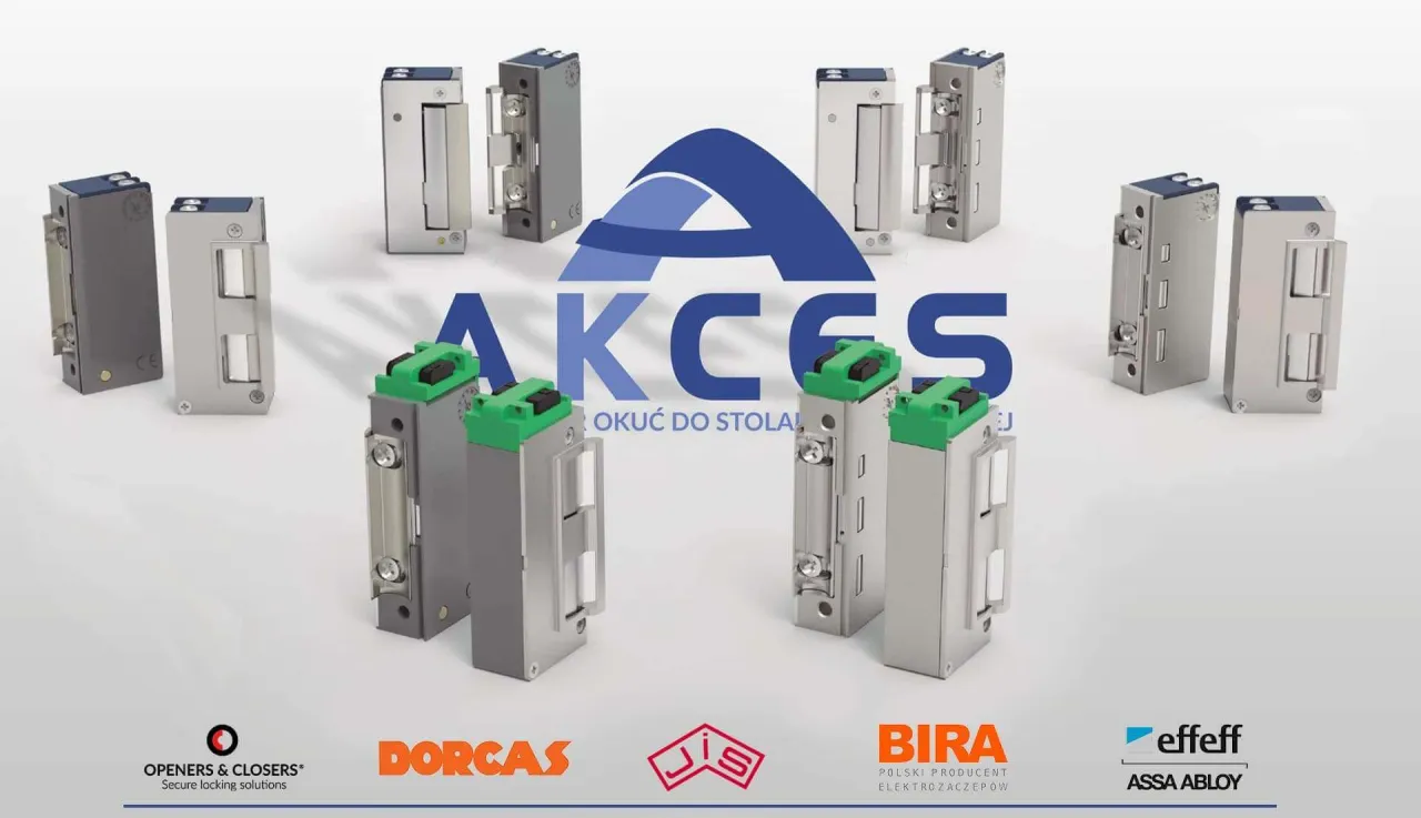 R&oacute;żne modele elektrozaczep&oacute;w: rewersyjny i awersyjny, z zielonymi elementami, na tle logo AKCES.