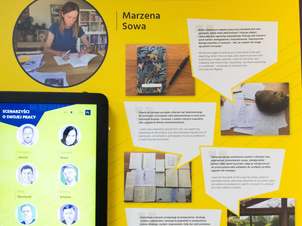 Marzena Sowa opowiada, jak wygląda komiks. Na ekranie widać jej zdjęcie i portrety scenarzystów.