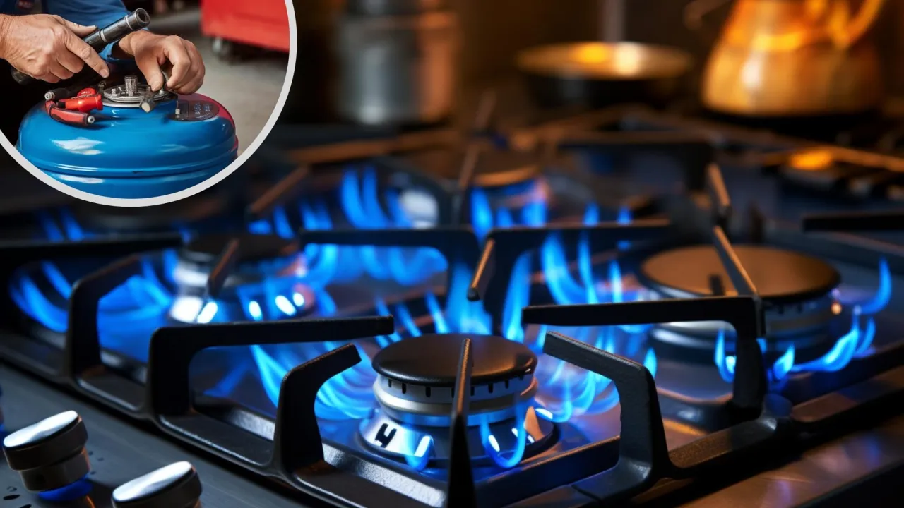 Czy butla z gazem może stać na mrozie? Ręce podłączają butlę do kuchenki gazowej z płonącymi palnikami.
