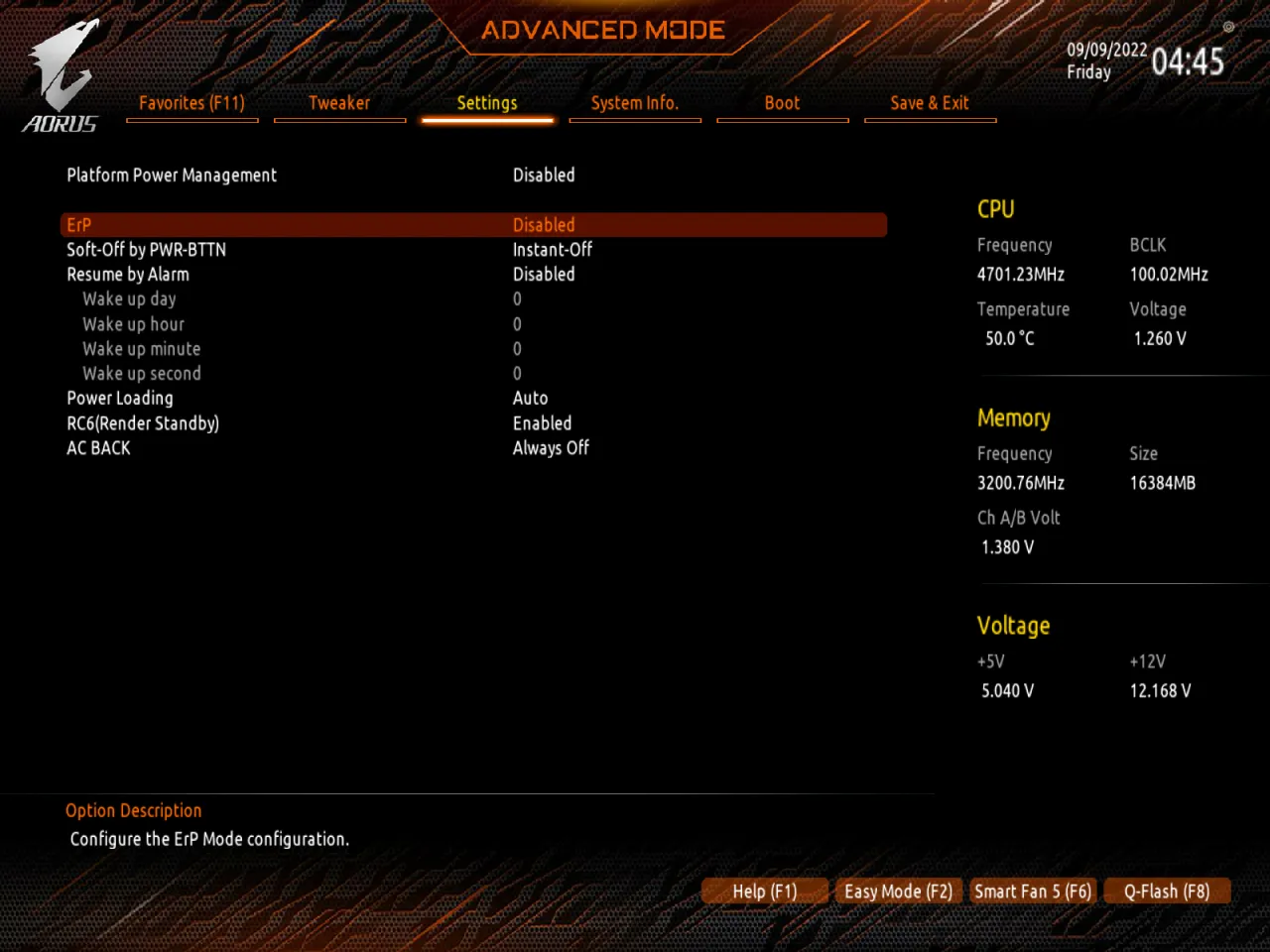BIOS UEFI ErP settings