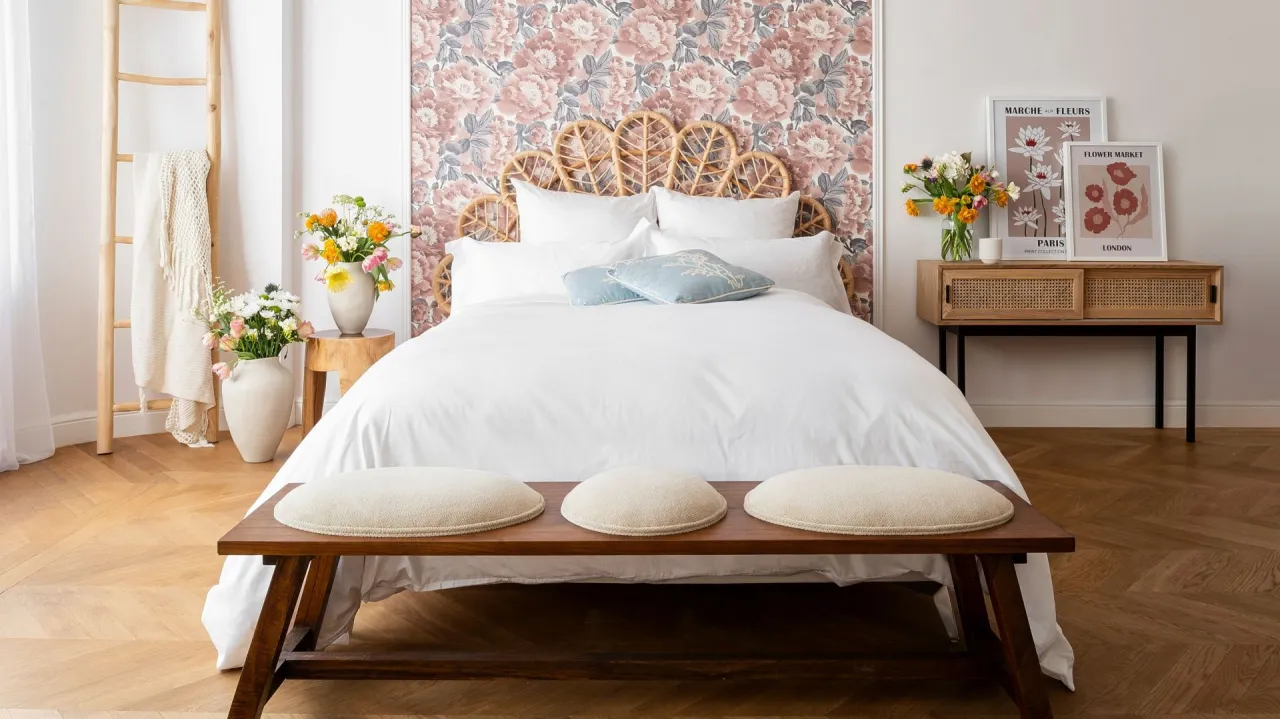 nowoczesna sypialnia dodatki tekstylia rośliny