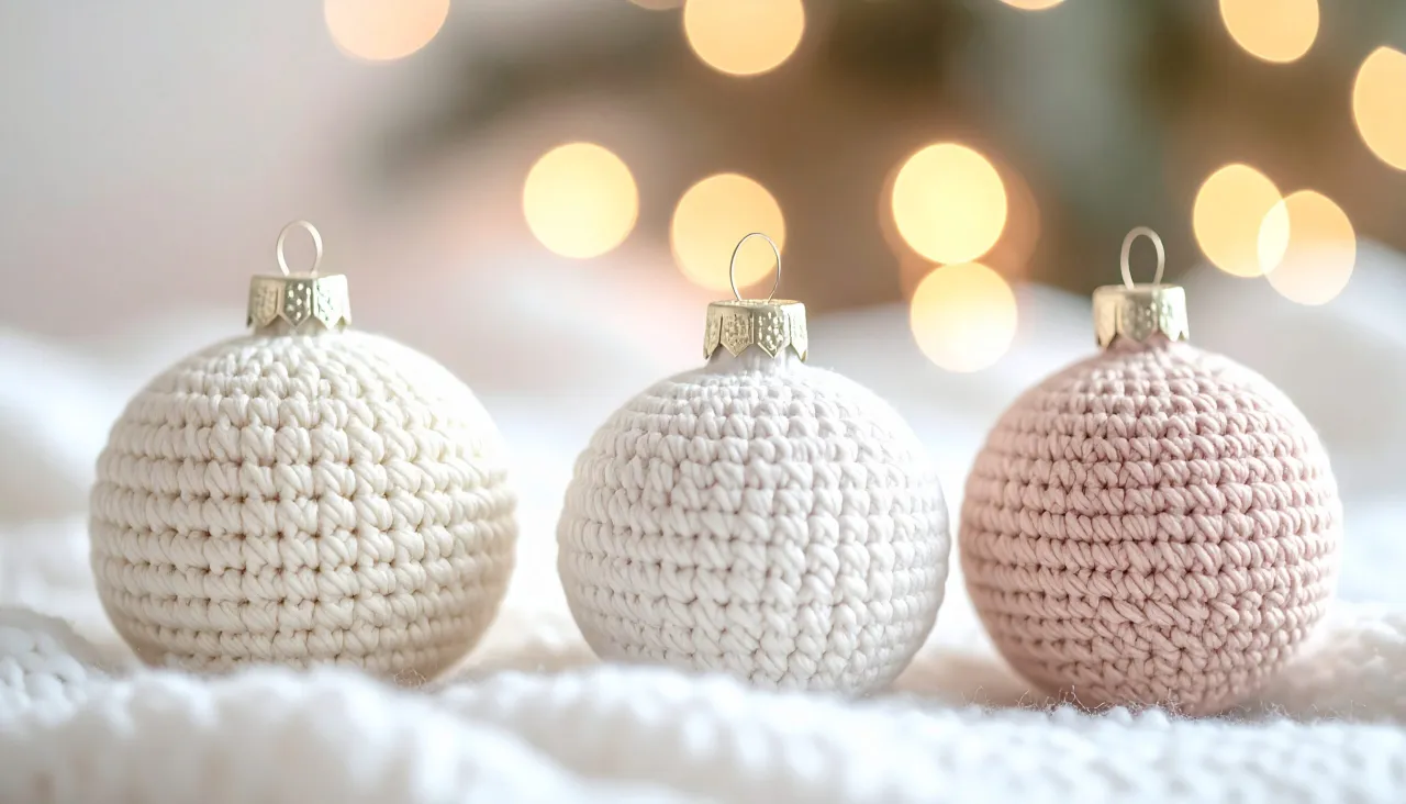 Trzy urocze bombki na szydełku z koralikami, otulone miękkim białym materiałem, na tle rozmytych światełek.