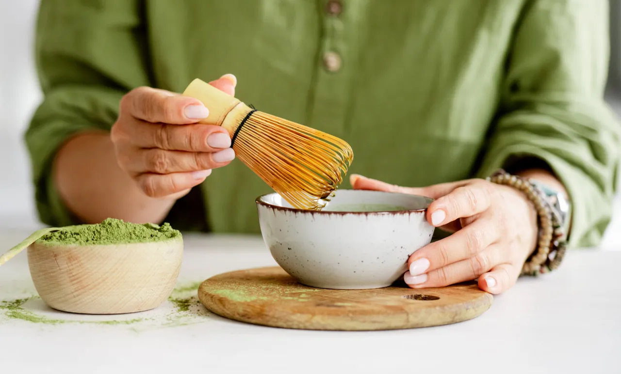 r&oacute;żne rodzaje zielonej herbaty (Gyokuro, Matcha, Sencha) w miseczkach