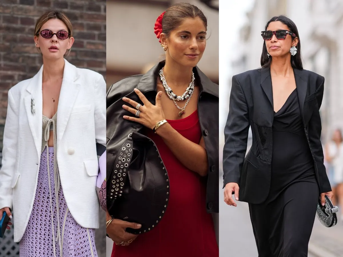 długa czarna marynarka z satynową sukienką