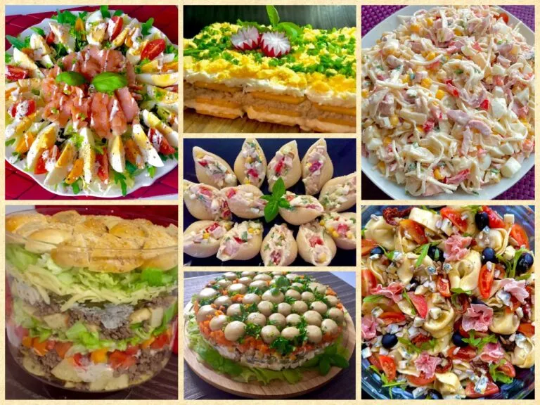 eleganckie sałatki na przyjęcie, sałatki warstwowe, sałatki na p&oacute;łmiskach