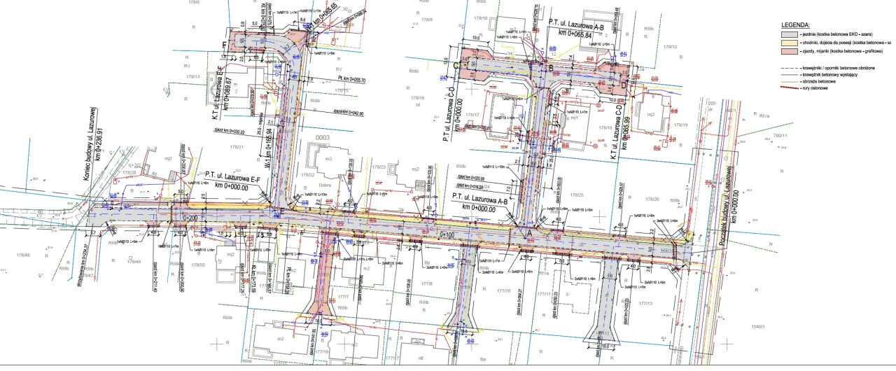 Plan drogowy z zaznaczonymi chodnikami, jezdniami i zjazdami. Szczegółowy projekt, który pomoże Ci dowiedzieć się, jak napisać wniosek o budowę chodnika.