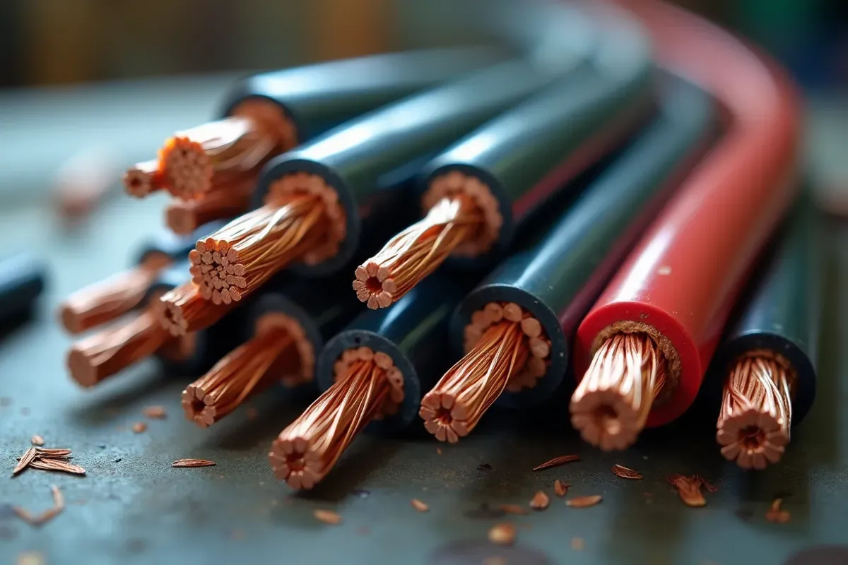 Plątanina przewod&oacute;w, w tym przew&oacute;d 3x4mm2 obciążenie, gotowy do pracy. Miedziane żyły błyszczą, czekając na podłączenie.