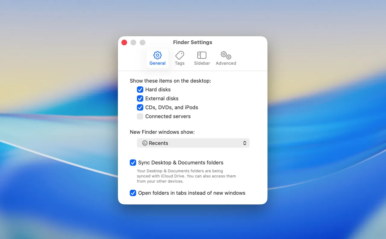 Ustawienia Findera: odznacz 