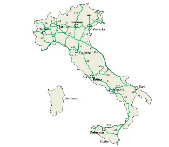 Mapa Włoch z zaznaczonymi trasami motocyklowymi