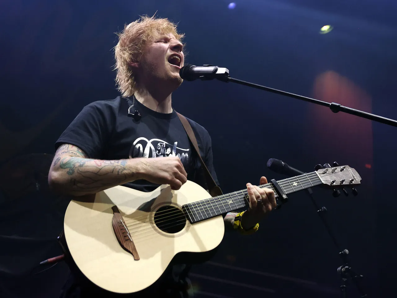 Ed Sheeran z gitarą Martin LX1E na scenie