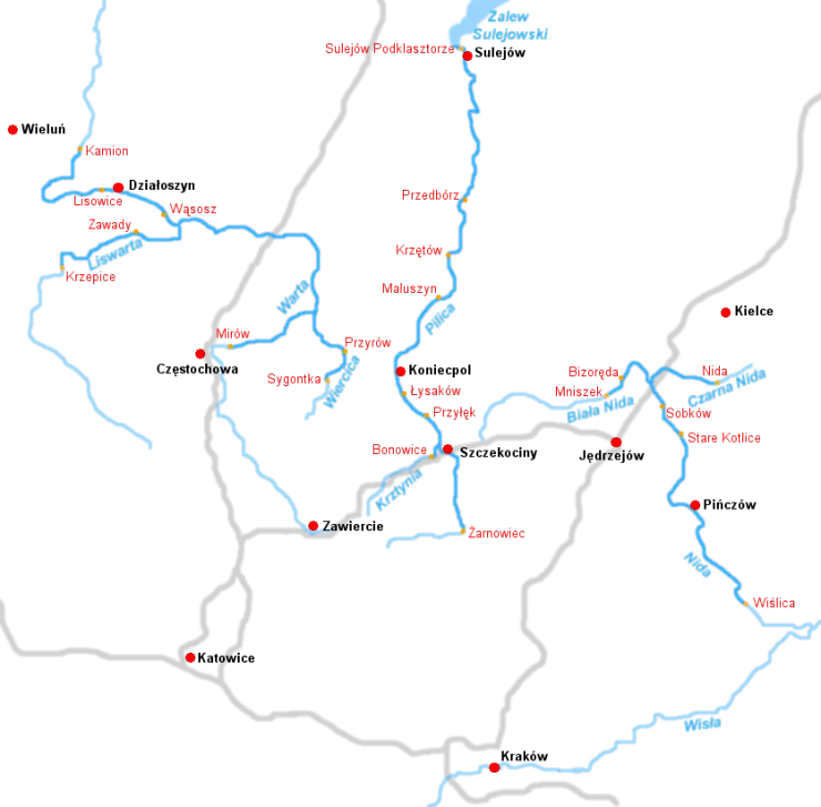 Mapa szlaku kajakowego Pilicy