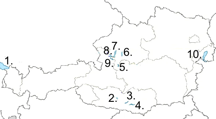 Karte der Seen &Ouml;sterreichs nach Bundesl&auml;ndern eingef&auml;rbt