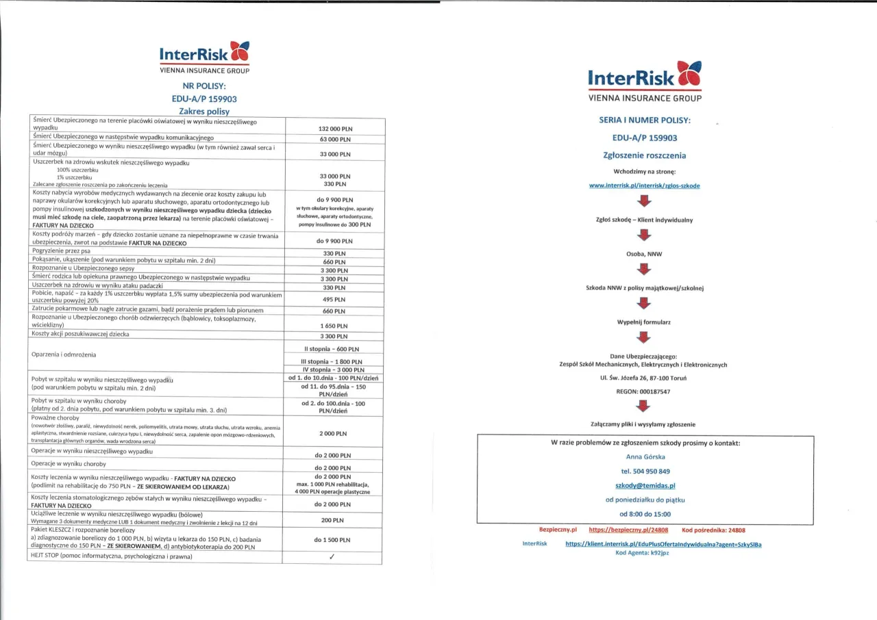 Og&oacute;lne Warunki Ubezpieczenia NNW szkoła