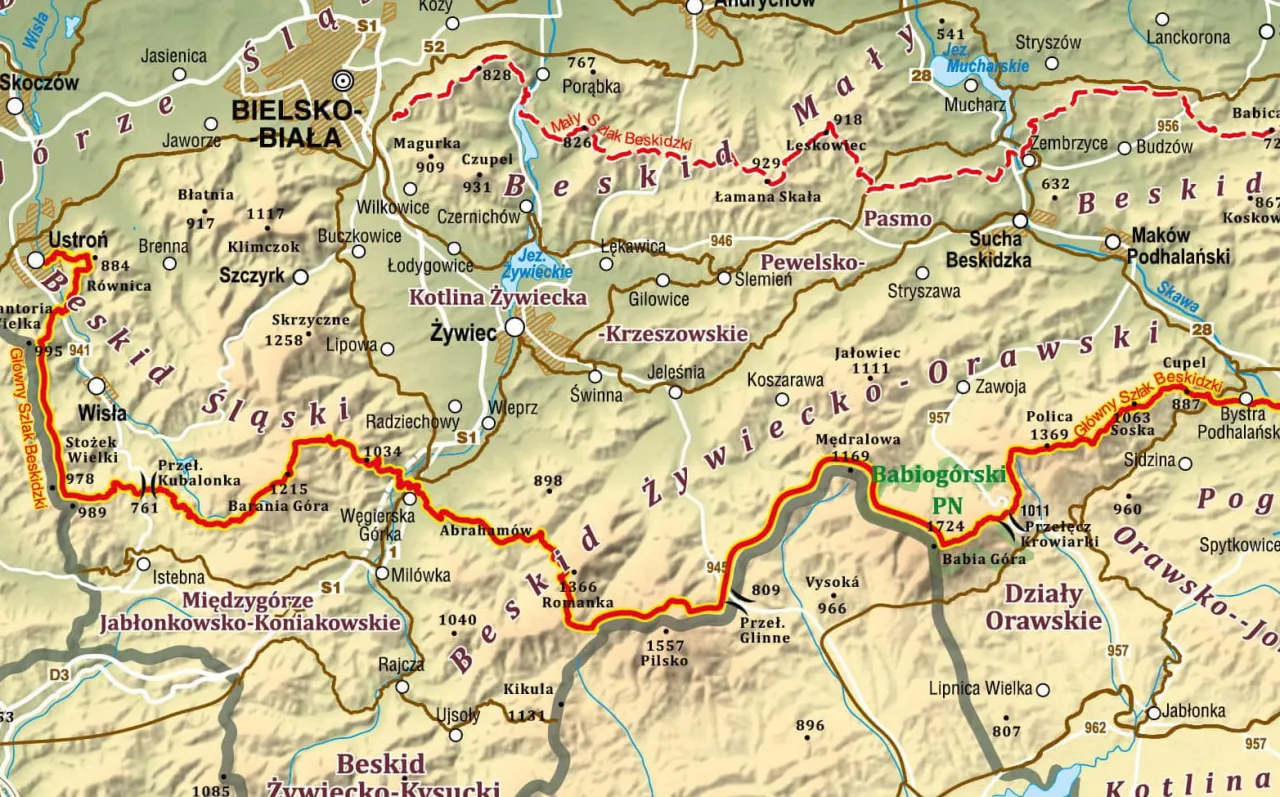 Mapa Gł&oacute;wnego Szlaku Beskidzkiego
