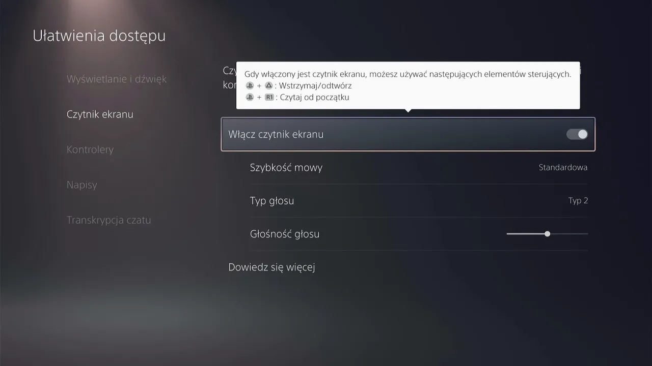 PS5 czytnik ekranu wyłączanie suwak