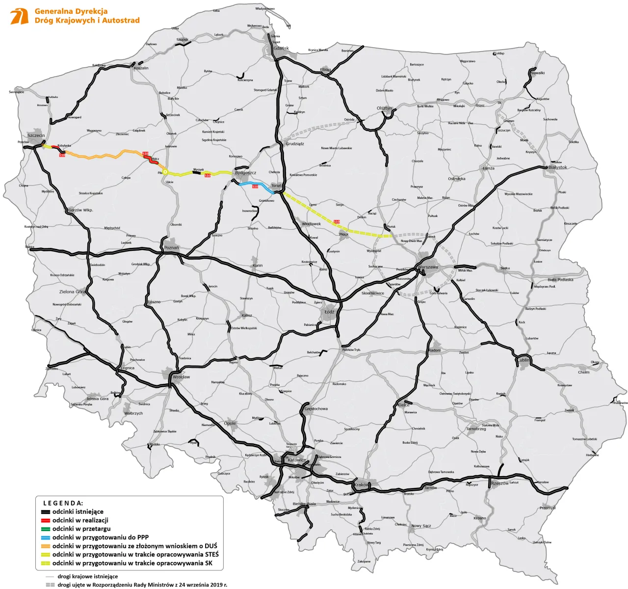 Mapa Polski z zaznaczonym Szczecinem i gł&oacute;wnymi drogami