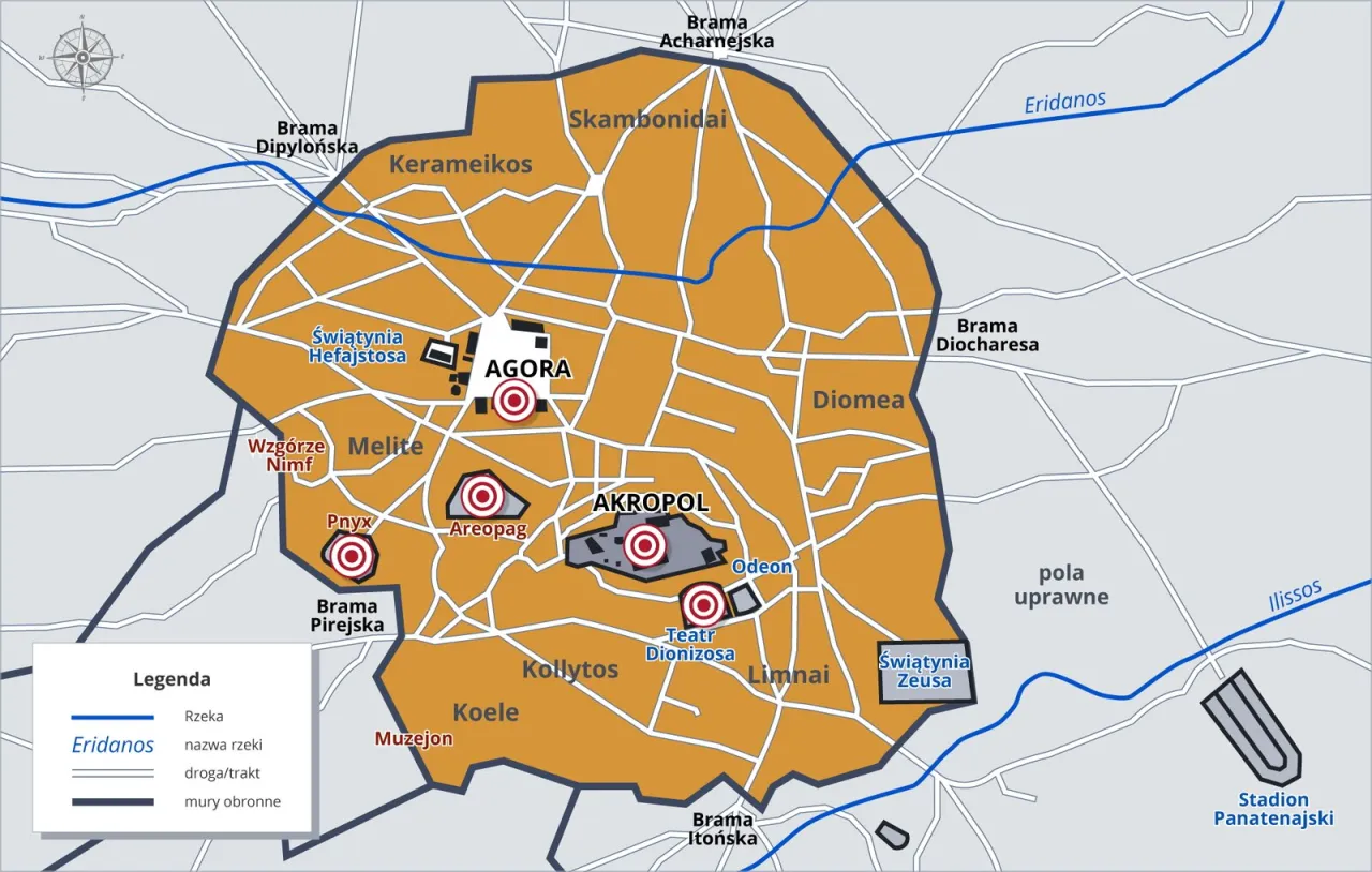 Mapa starożytnych Aten z podziałem na fyle Klejstenesa