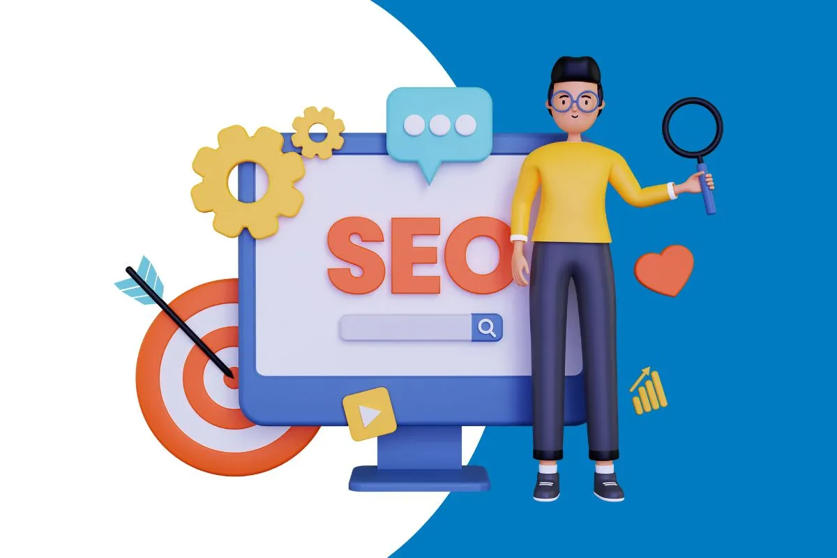 Postać z lupą przy ekranie z napisem SEO. Grafika ilustruje, jak pisać content marketing, by osiągnąć sukces.