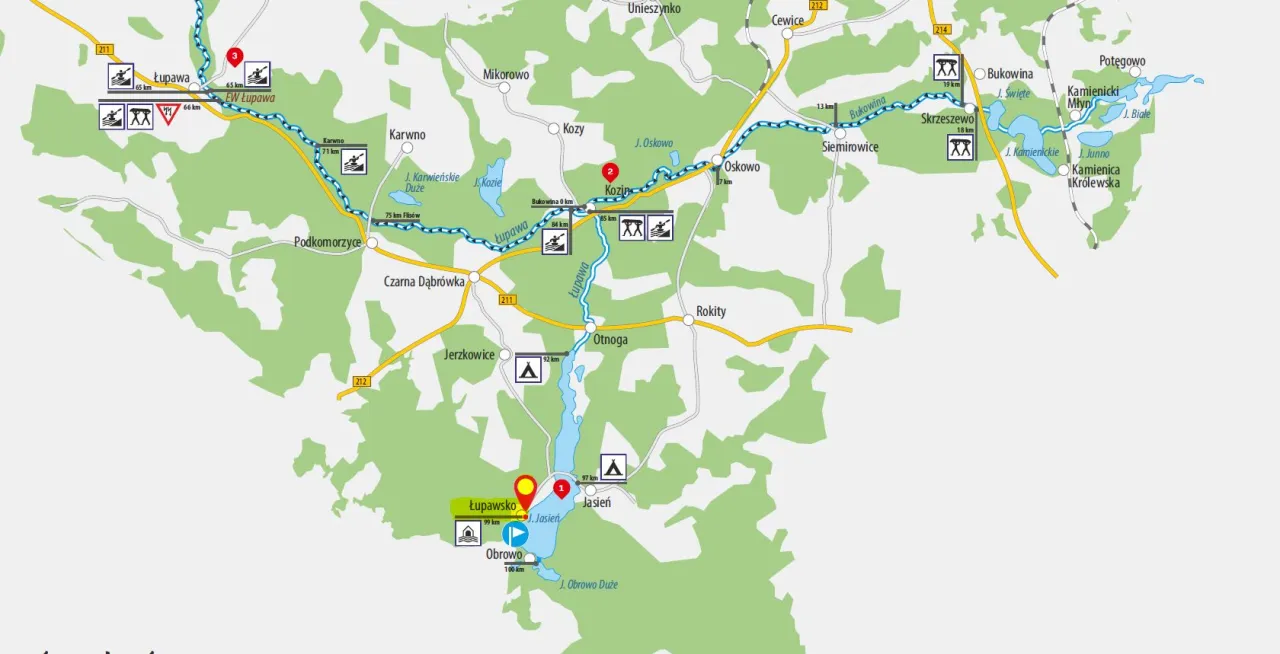 Mapa Jeziora Jasień z zaznaczonymi strefami