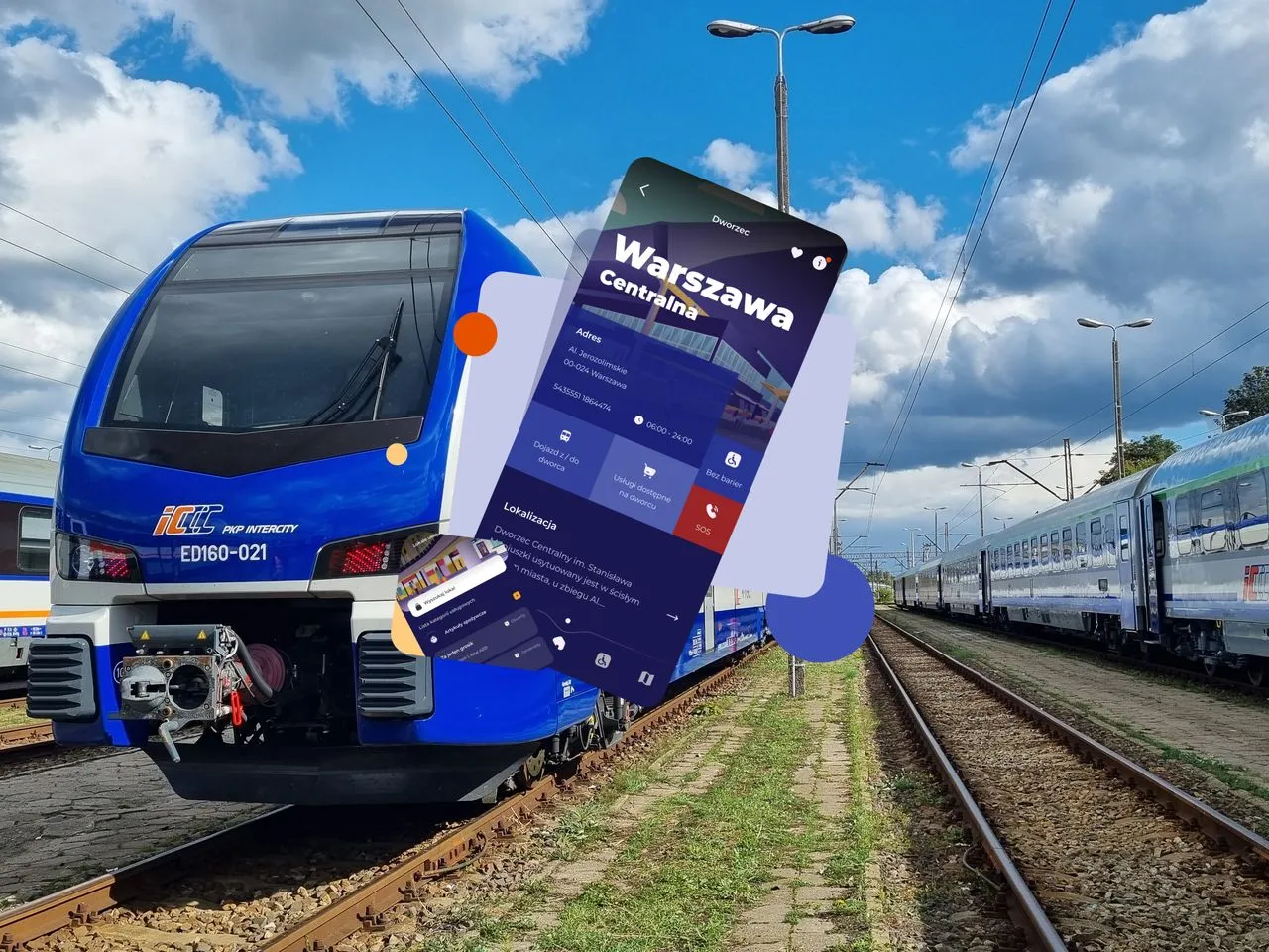 Aplikacja mobilna pokazuje, jak kupić miejsc&oacute;wkę Intercity. Pociąg PKP Intercity ED160-021 stoi na torach.