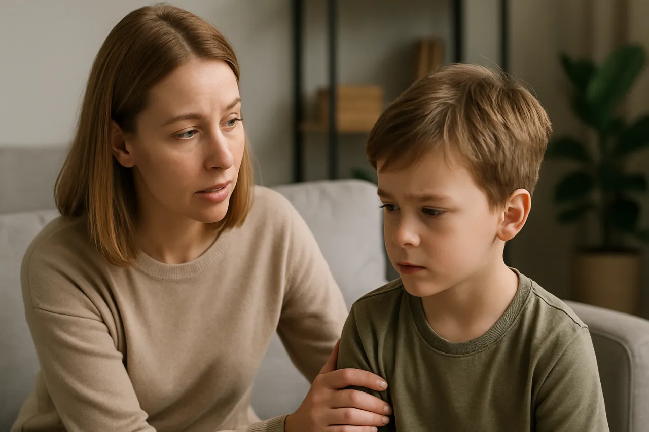 Dziecko z rodzicem rozmawiające o emocjach, budowanie słownika uczuć