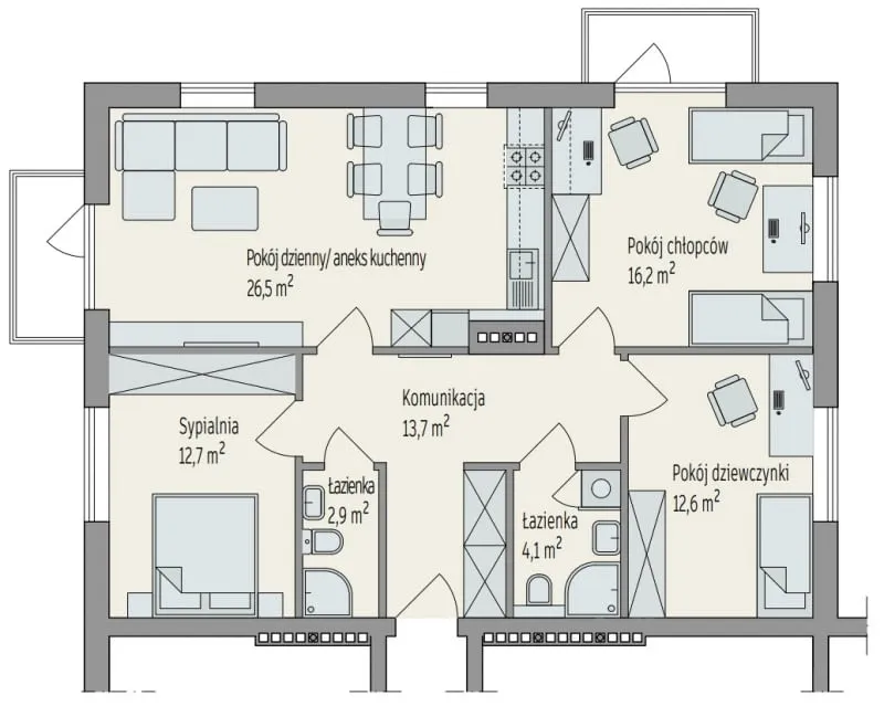 Schemat podziału pokoju L na prostokąty
