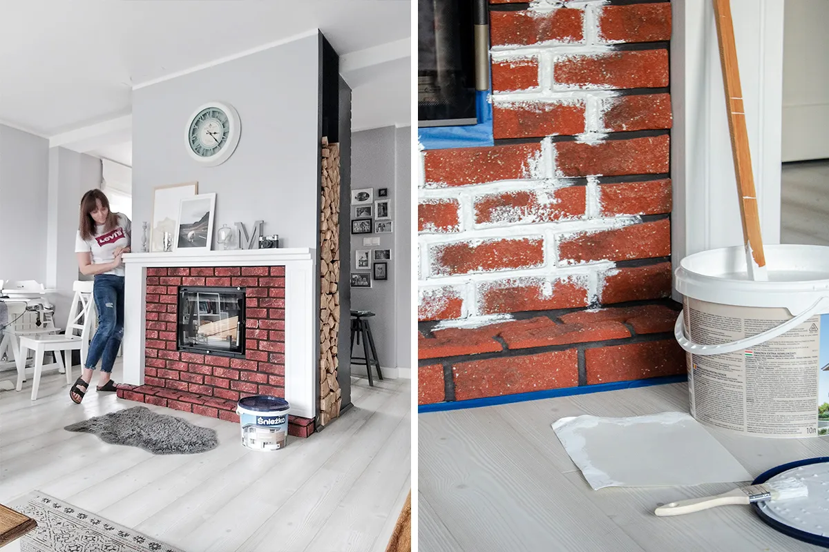 Kobieta maluje ceglaną obudowę kominka na biało. Widać wiadro z farbą i pędzel. Jaką farbą pomalować obudowę kominka?